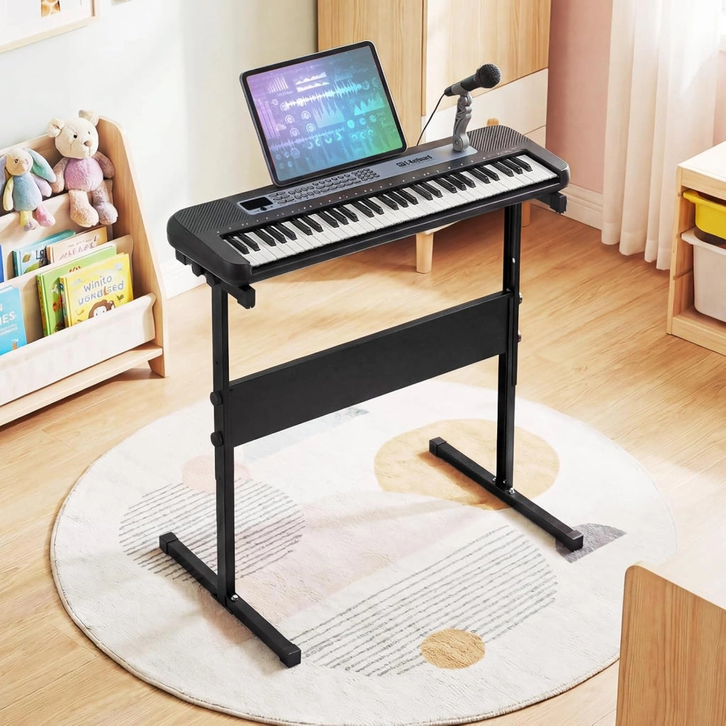 Tastiera elettronica per bambini di 3 anni+, microfono e leggio, pianoforte digitale 61 tasti con supporto regolabile, pianoforte elettronico, 200 toni e ritmi, 20 demo (nero)