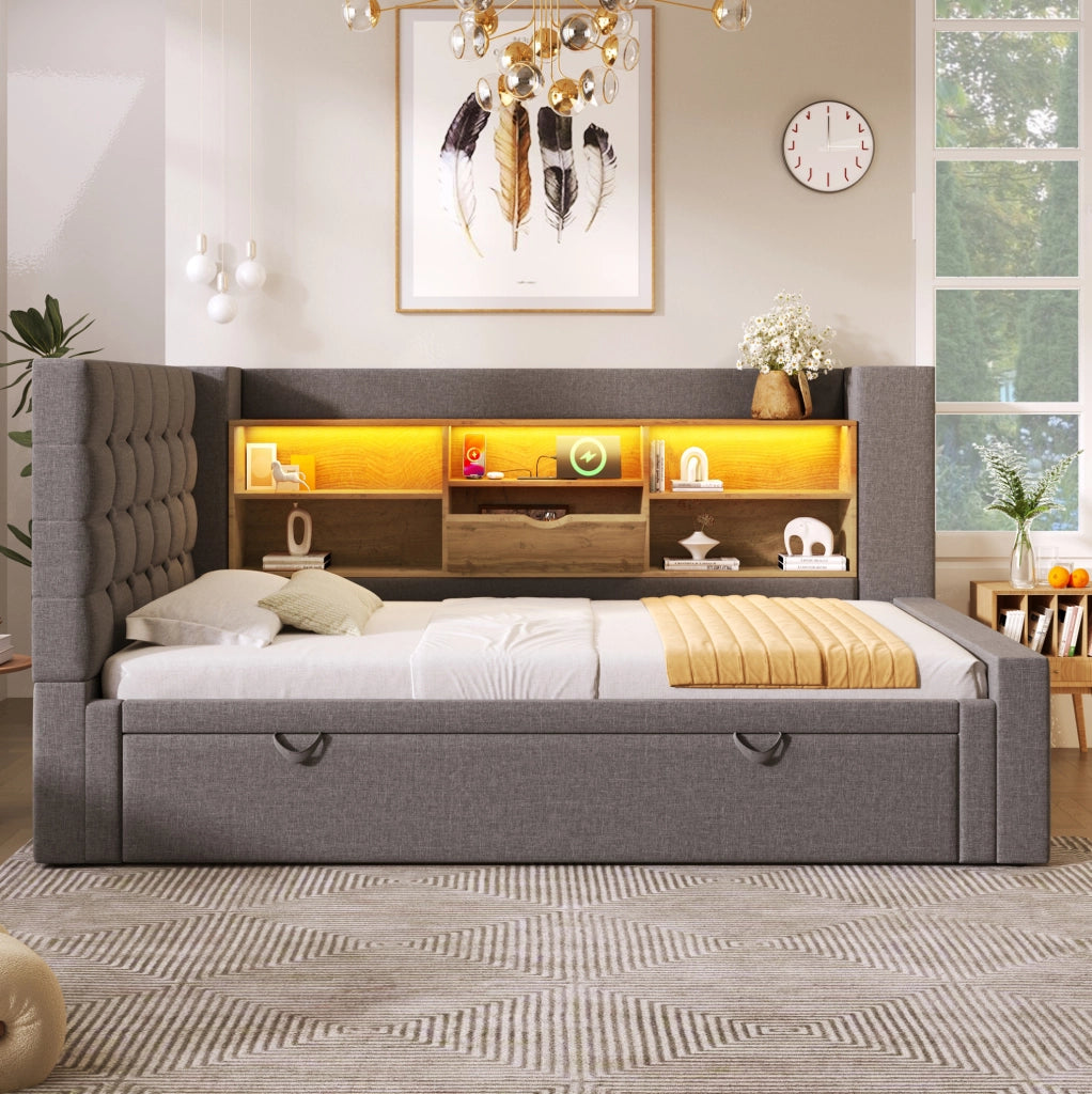 Letto estraibile 90x200 cm con secondo letto 90x190 cm; LED e porte USB; tessuto grigio