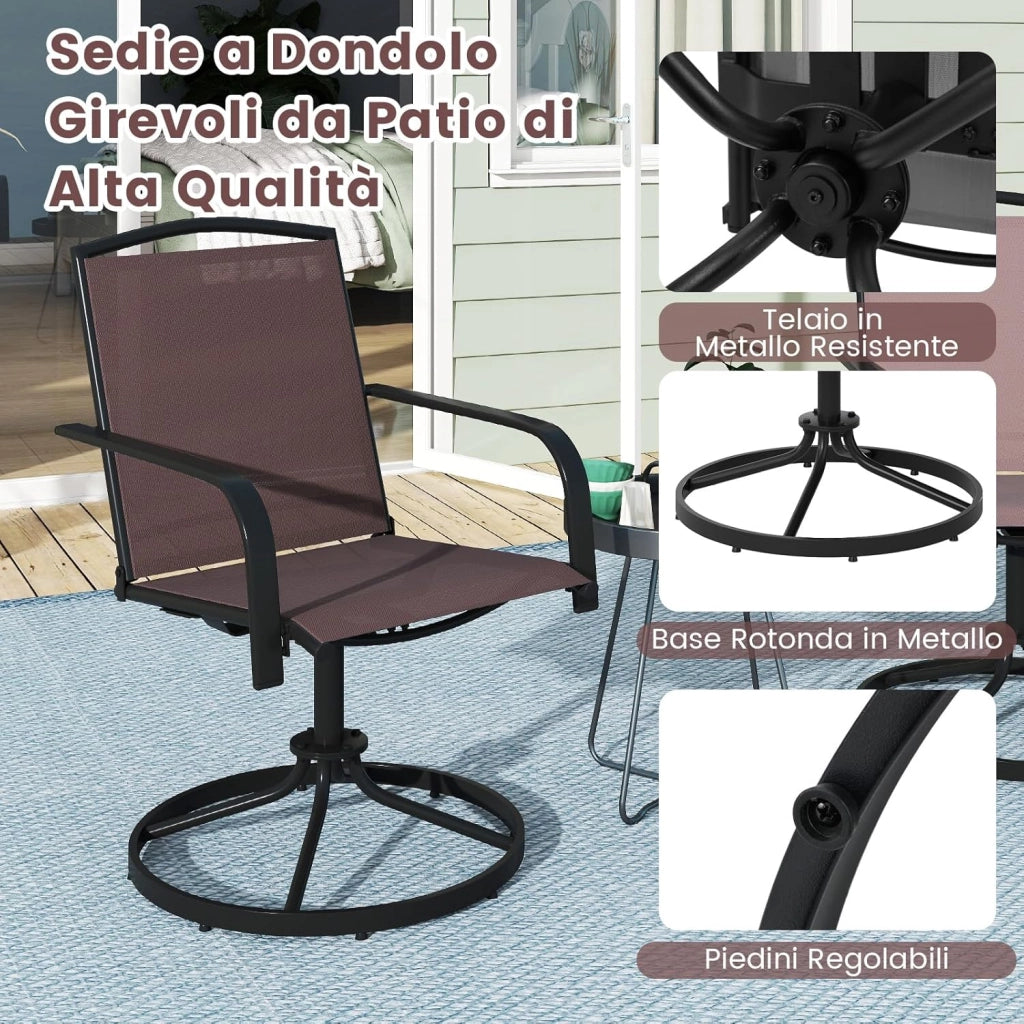 Set di 2 Sedie da Patio Girevoli, Poltrone a Dondolo in Rete a 360° con Schienale Alto e Base Rotonda in Metallo, Sedia a Dondolo Robuste per Giardino Balcone, Portata 150 kg (Marrone)