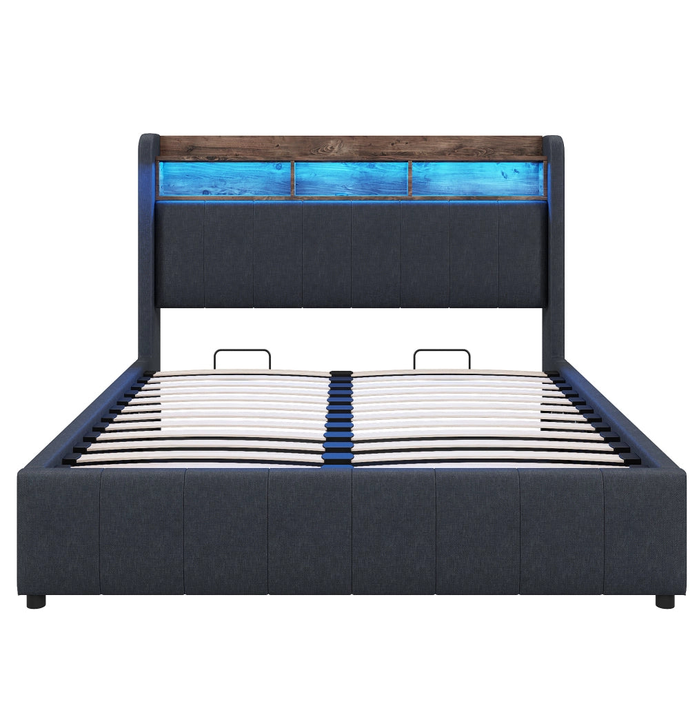 Letto imbottito 140x200 cm grigio con LED; USB e vano contenitore con sollevamento idraulico