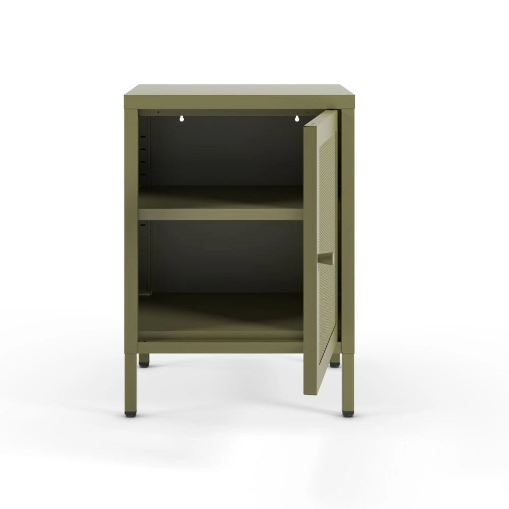 Comodino Fayna in metallo verde con anta reticolata 40x35x60H – Design industriale