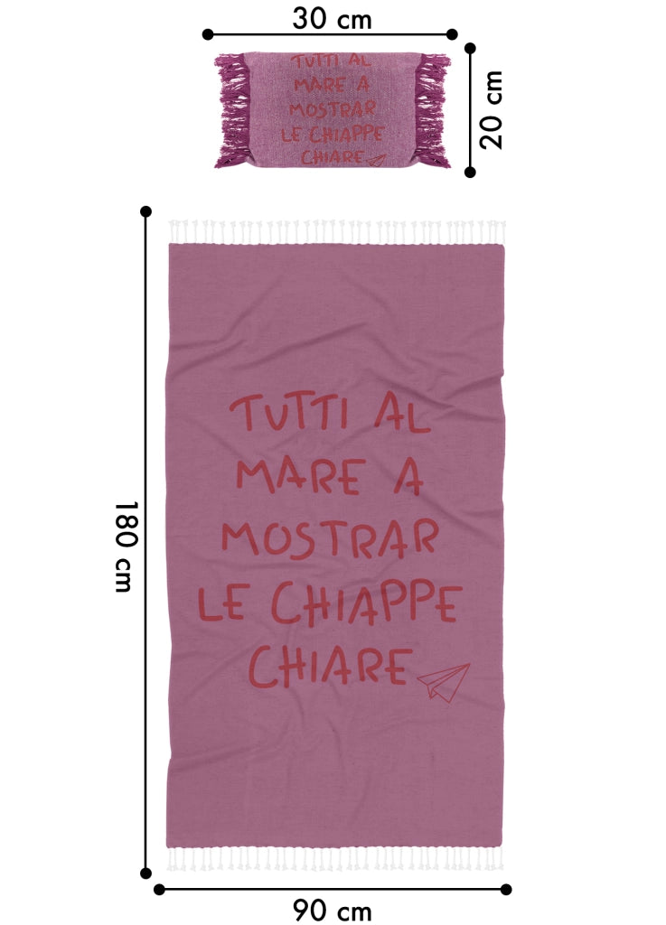 Telo Mare Con Frange Asciugamano Da Spiaggia Misura Grande 90x180 Cm Con Pochette Astuccio Assorbente In Morbido Cotone Leggero Stampa Tutti Al Mare AntiSabbia Lettino Vacanze Piscina Lilla