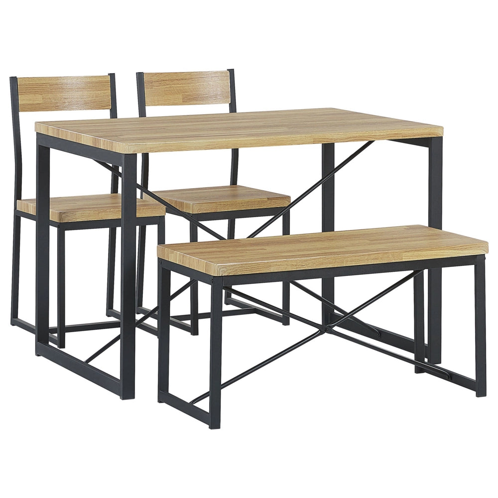Set da pranzo Piano in legno chiaro Struttura in acciaio Nero Tavolo rettangolare 110 x 70 cm 4 posti con 2 sedie e panca