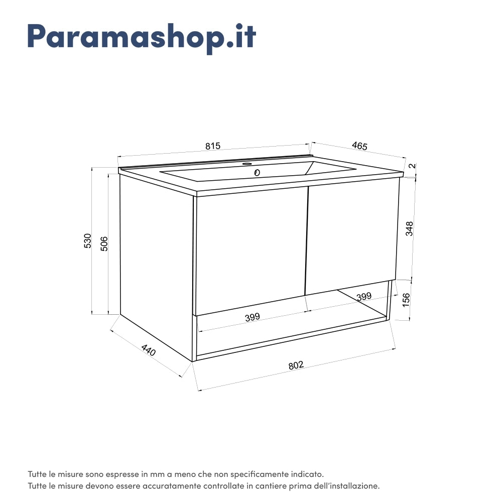 Mobile sospeso 80cm rovere scuro con due ante, vano a giorno e lavabo | Sauris