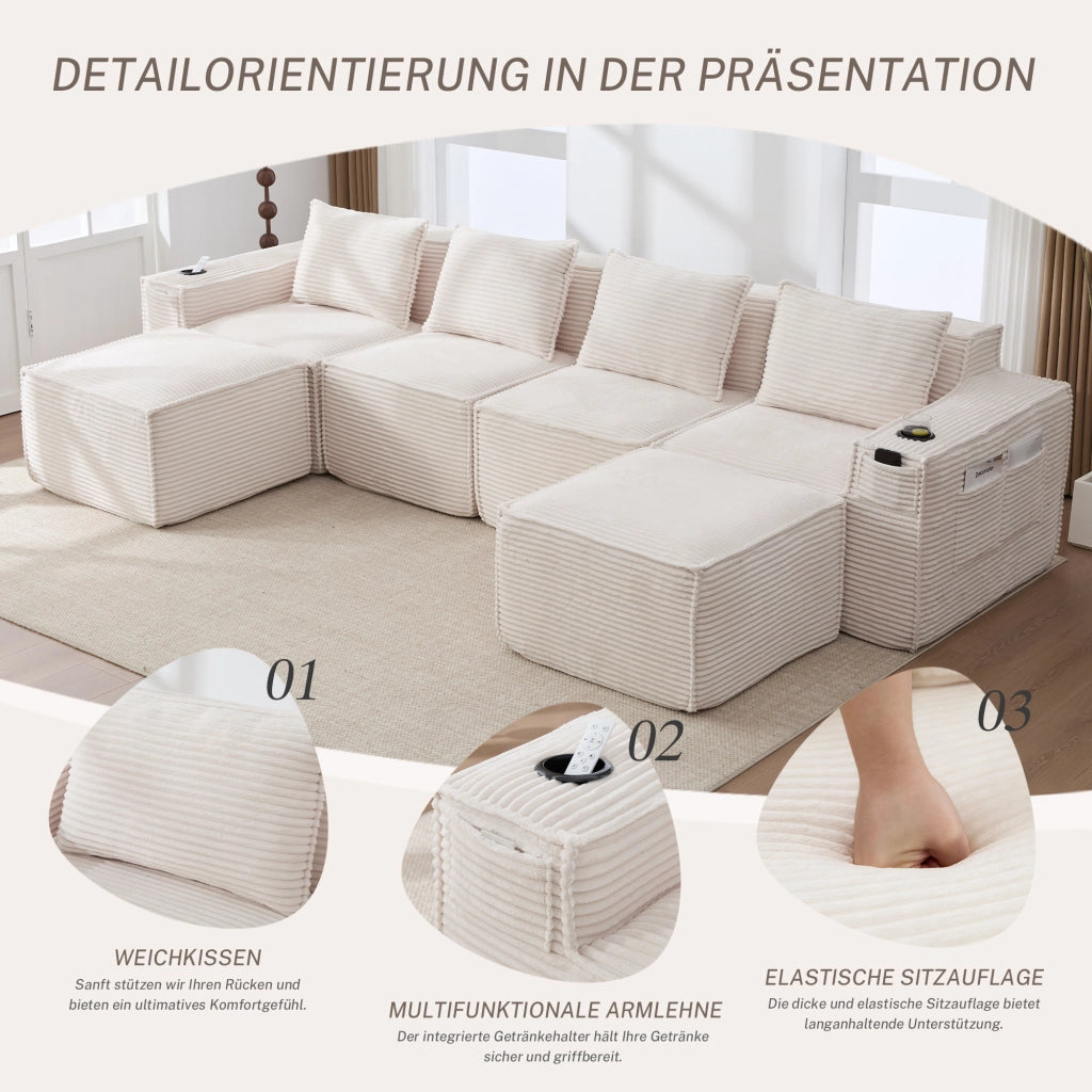 Divano modulare 4 posti con portabicchieri e tasche laterali, molle e schiuma, per soggiorno in tessuto a coste beige