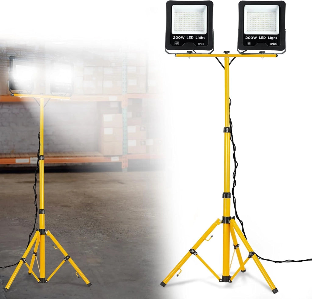 Faretto da costruzione, 2 x 200 W, 16000 lm, con treppiede regolabile e cavo da 3 m, impermeabile, IP66, per garage, officina, cantiere, bianco freddo