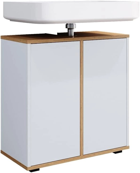 Mobile sottolavabo per bagno Didi, Bianco/Artisan, 60 x 62 cm con 2 porte, per la conservazione di articoli da bagno e prodotti per la cura personale