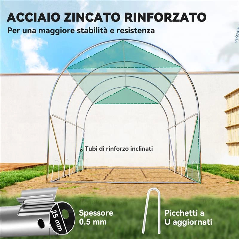 SERRA A TUNNEL 3X2 M CON RETE OMBREGGIANTE EXTRA, FINESTRE E INGRESSO A ZIP, IN PE E ACCIAIO, VERDE