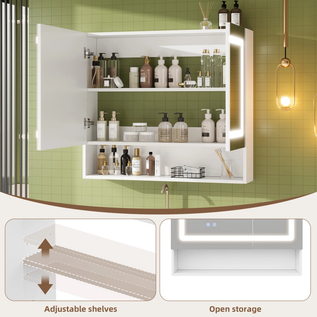 Armadietto a specchio da bagno con 2 ante, LED regolabile, funzione antiappannamento, ripiano regolabile, 80 × 17 × 70 cm