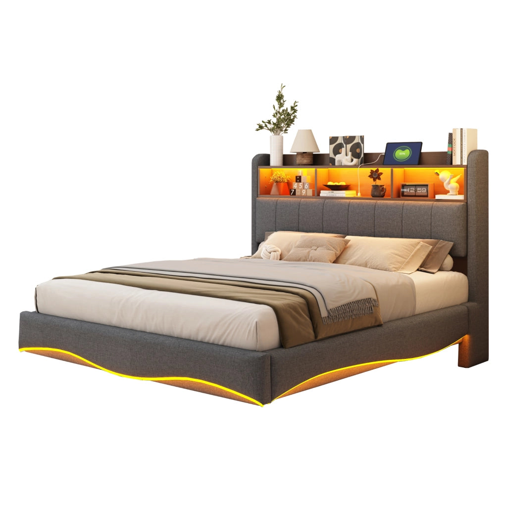 Letto imbottito sospeso 140x200 cm grigio con LED, porte USB e Tipo-C, struttura in metallo e contenitore testiera