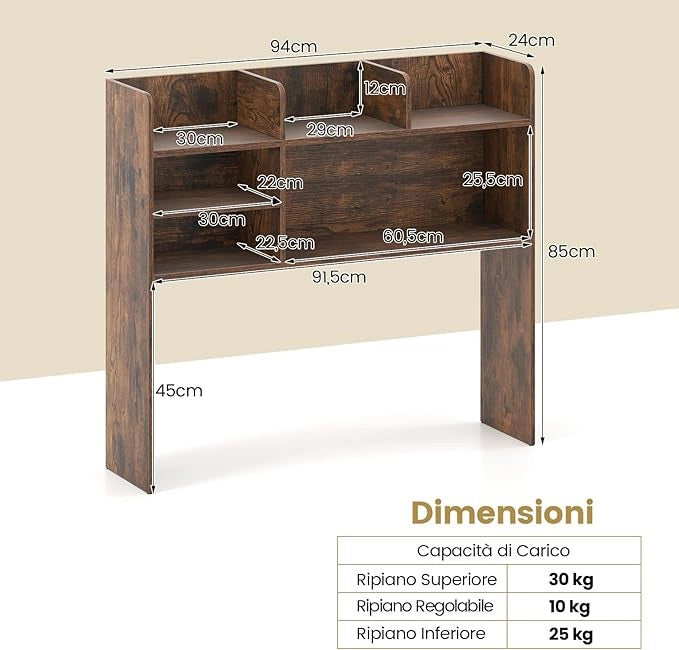 Libreria da Scrivania, Scaffale da Scrivania con 6 Ripiani in Legno, Scomparto Aperto per Monitor 32", Espositore per Dormitori Uffici Studio, 94 x 24 x 85 cm (Marrone)