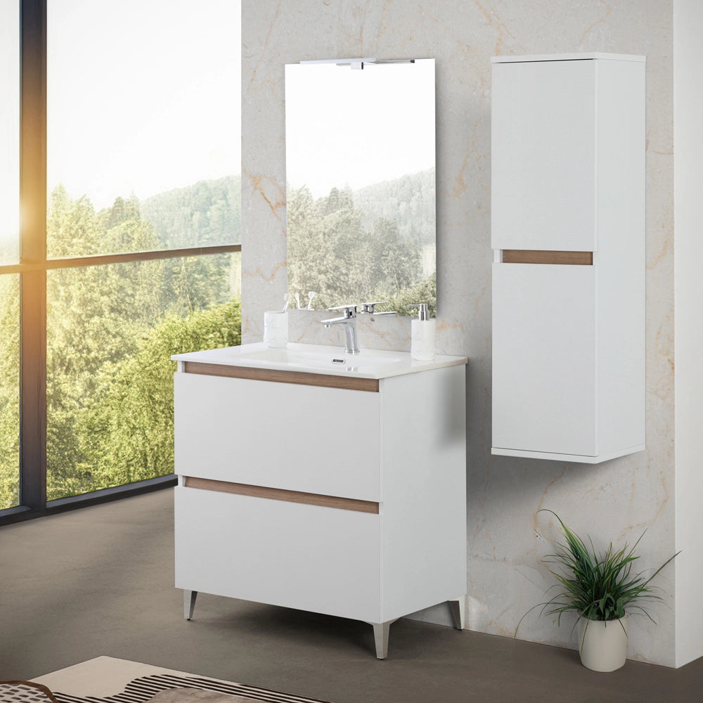 Mobile bagno a terra 80 cm bianco e rovere con cassetti soft-close Kleo