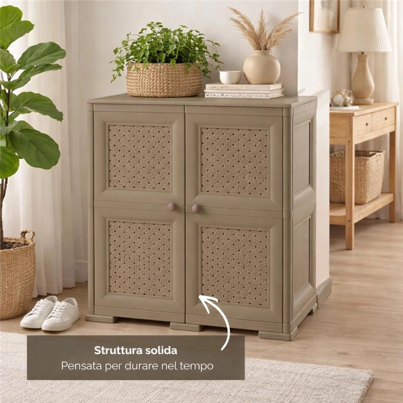 ARMADIO 2 MODULI TAUPE 79X43X85,5 CM CON ANTE TRAFORATE – MOBILE CONTENITORE DECORATIVO PER ZONA LIVING