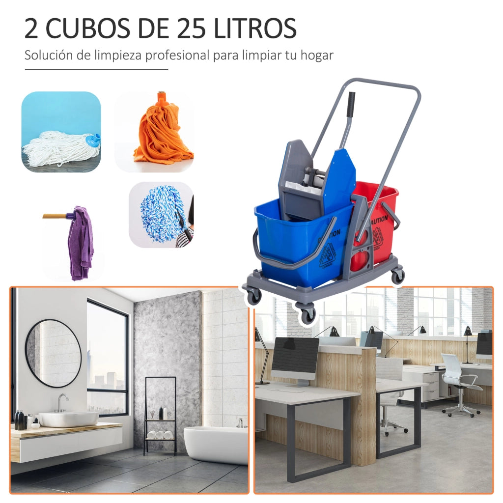 Carrello Pulizia Professionale ¨C Xylo ¨C Metallico con 2 Secchi 25L e Strizzatore, 73x45x92cm Rosso Blu