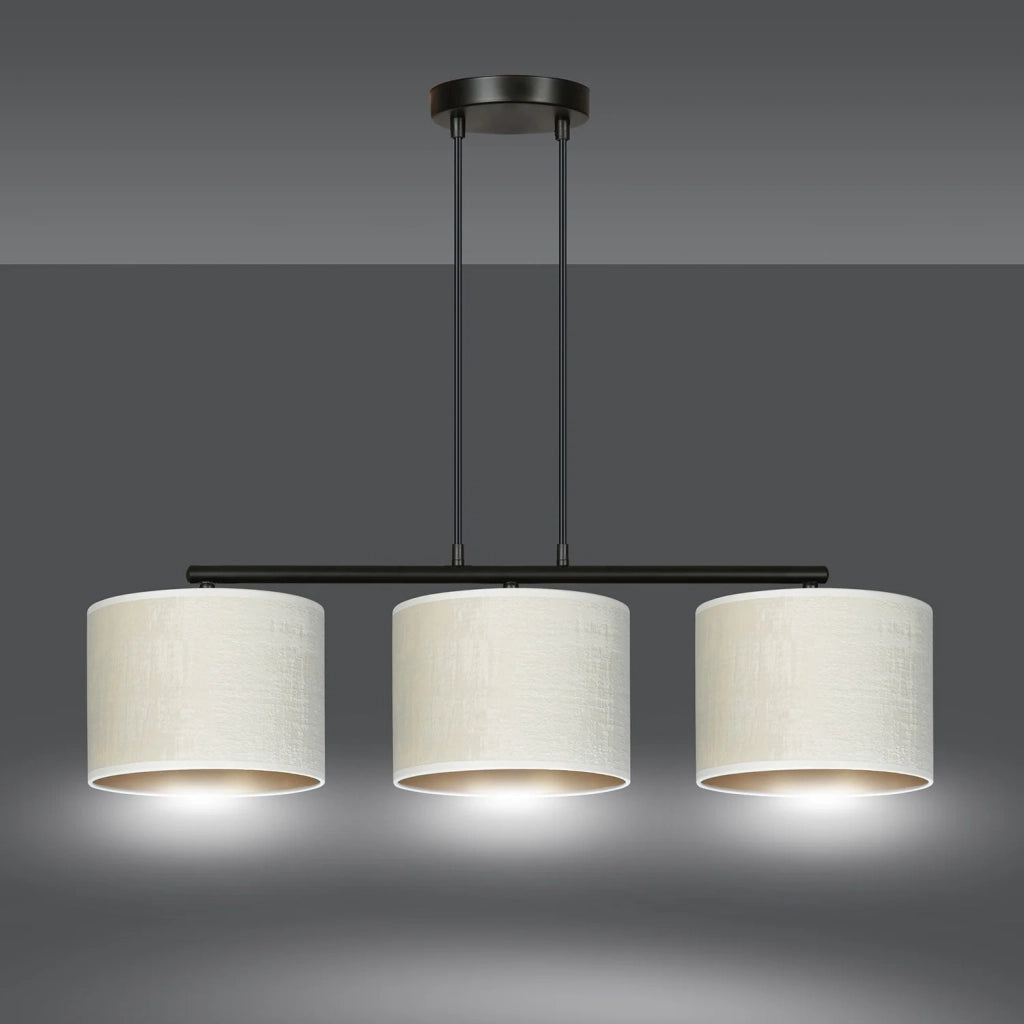 Lampadario 3 Luci Ganesha In Acciaio Nero E Paralumi In Tessuto Beige