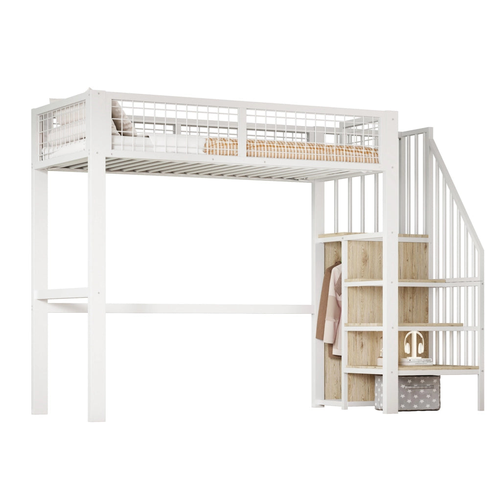 Letto a soppalco 90 x 200 cm con scala, armadio e ripiano bianco