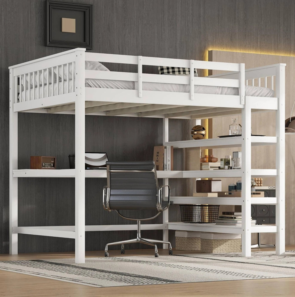 Letto a soppalco 140x200 con scrivania e scaffali, bianco