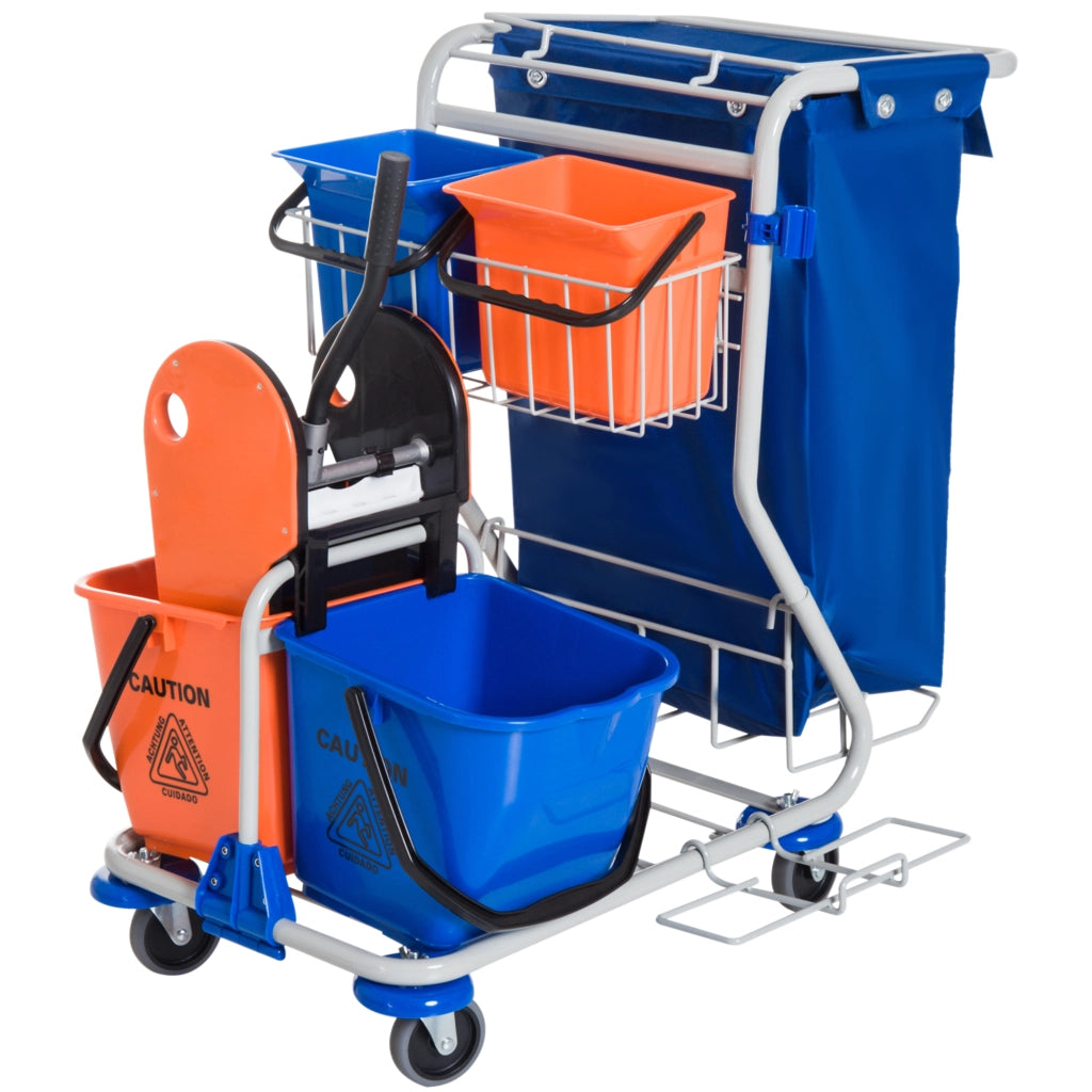 Carrello per pulizie professionale con 4 secchi, pressa mop, sacco rifiuti e ruote, blu, 93 x 80 x 97 cm