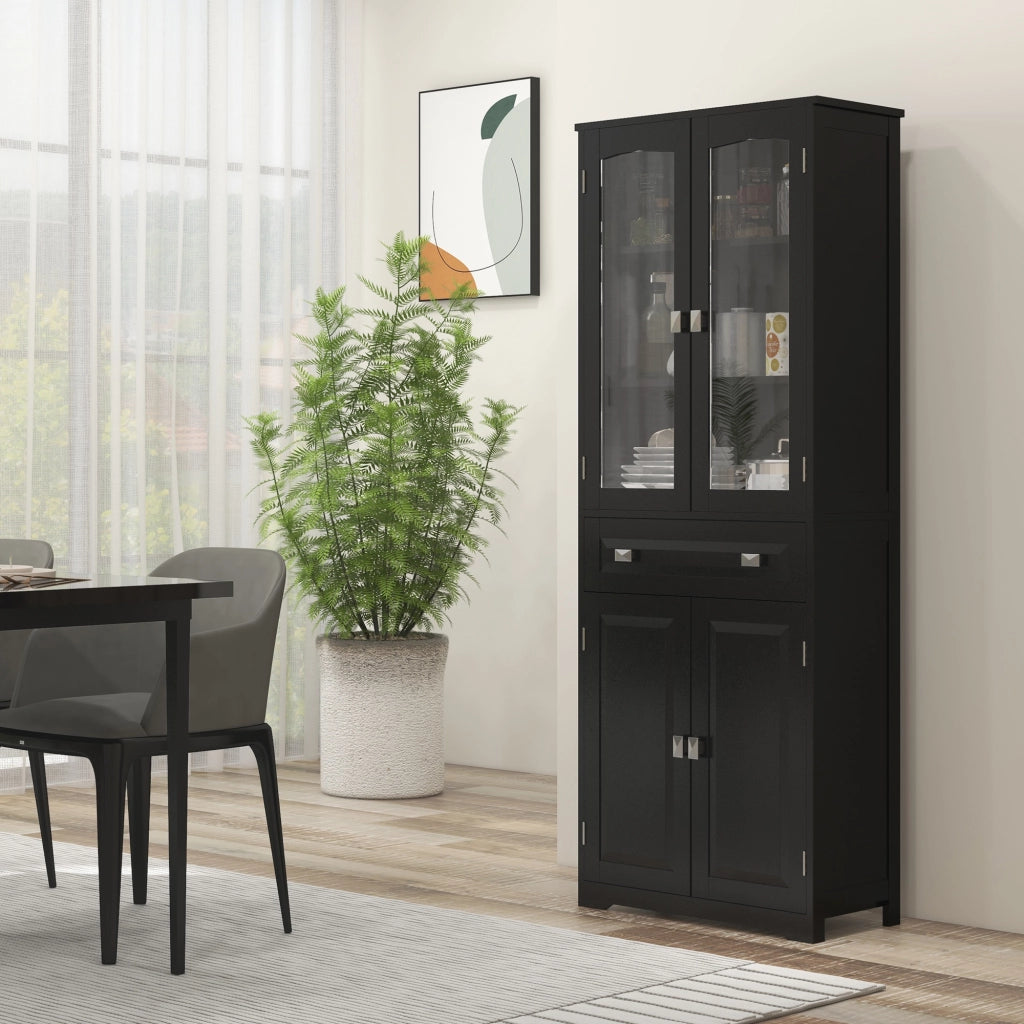 Armadio da Cucina 4 Ante con 2 Ante Vetrate e Cassetto ¨C Zephmum ¨C Nero 160x60x40 cm