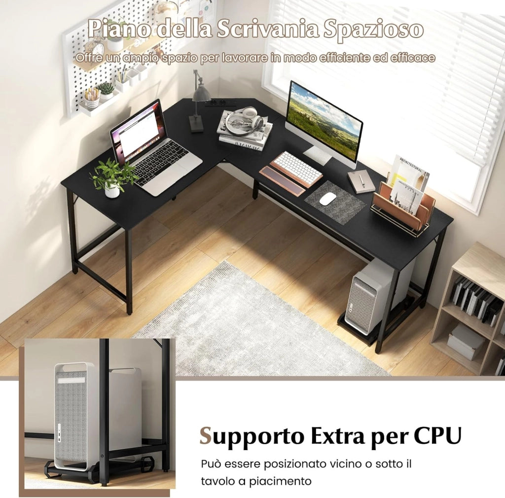 Scrivania Angolare Salvaspazio, Scrivania ad Angolo a Forma di L con Presa di Corrente, Supporto CPU e Telaio in Metallo Resistente, Scrivania per Computer da Casa e Ufficio (Nero)