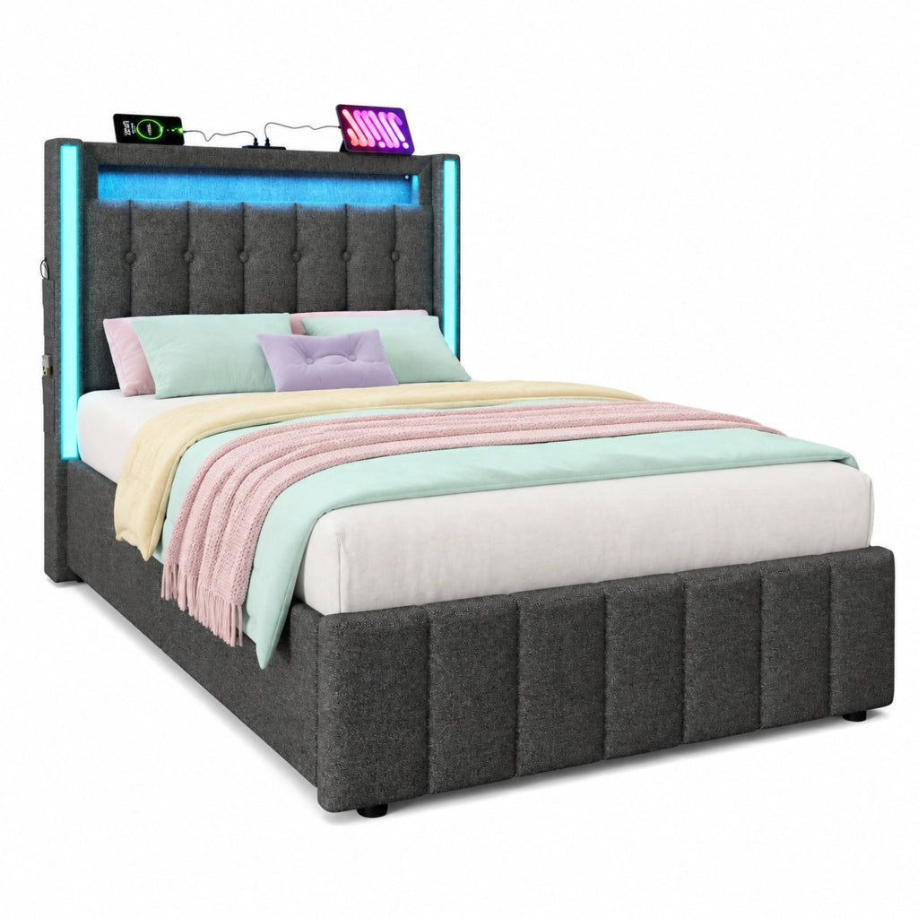 Letto singolo 90x200 cm grigio in lino, LED USB e 2 cassetti, senza materasso