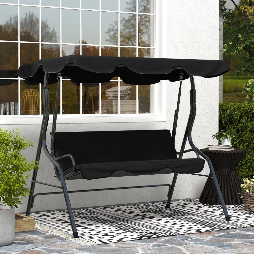 Dondolo 3 Posti con Tettuccio e Cuscini ¨C Zephmum ¨C Acciaio e Poliestere, Nero, 170x110x153 cm