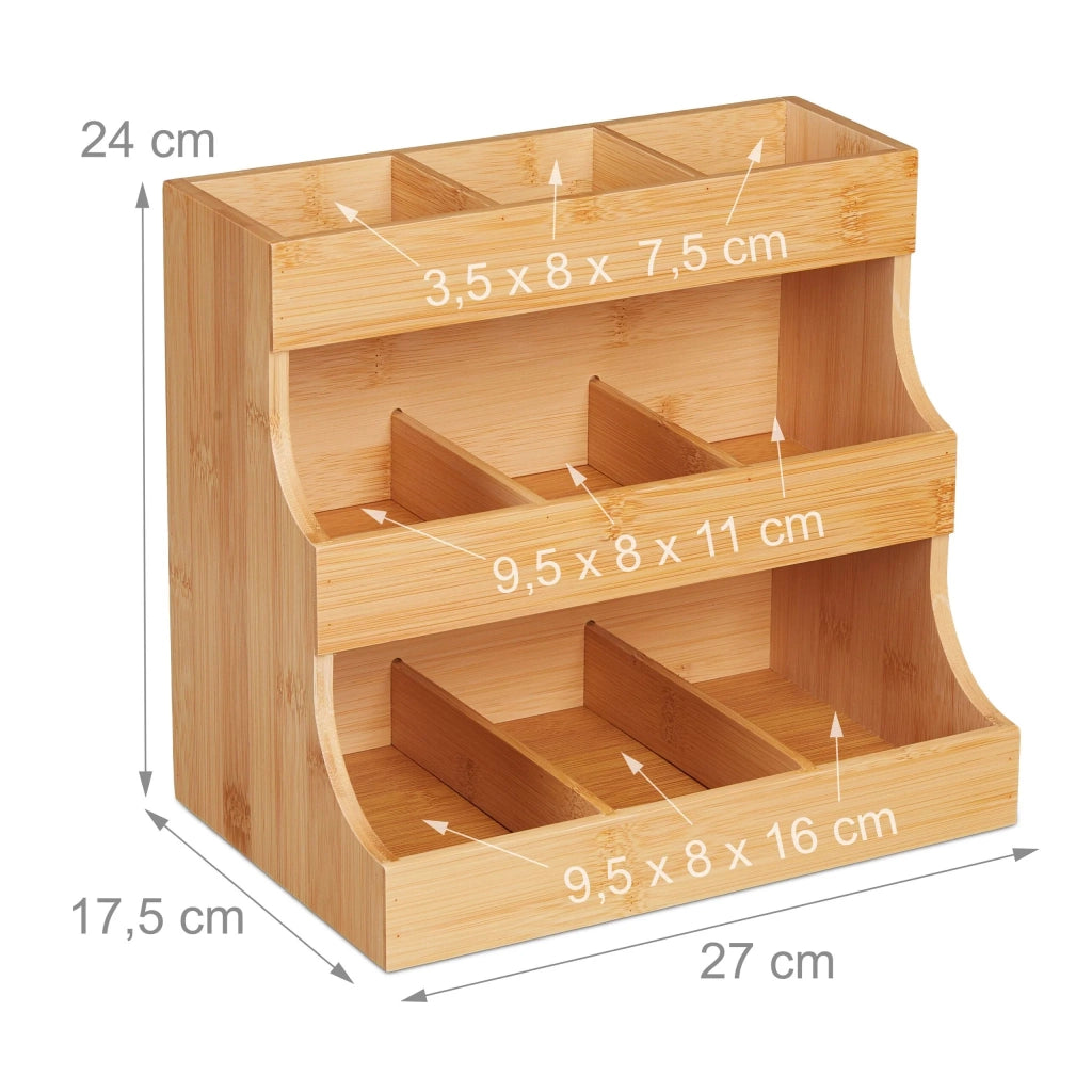 Pratico organizer per tè per bustine 9 scomparti 30 x 20 x 10 cm in bambù naturale 13_0014697