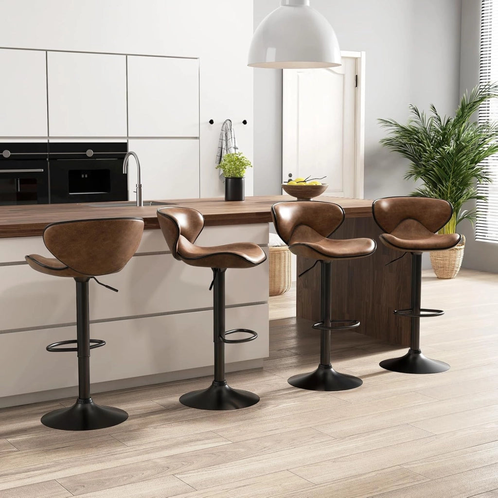 Set di 2 Sgabelli da Bar con Altezza Regolabile, Sgabello da Cucina Imbottito e Girevole a 360° con Schienale, Poggiapiedi e Base Metallica, Sgabelli in Pelle Stampato da Casa (Marrone)