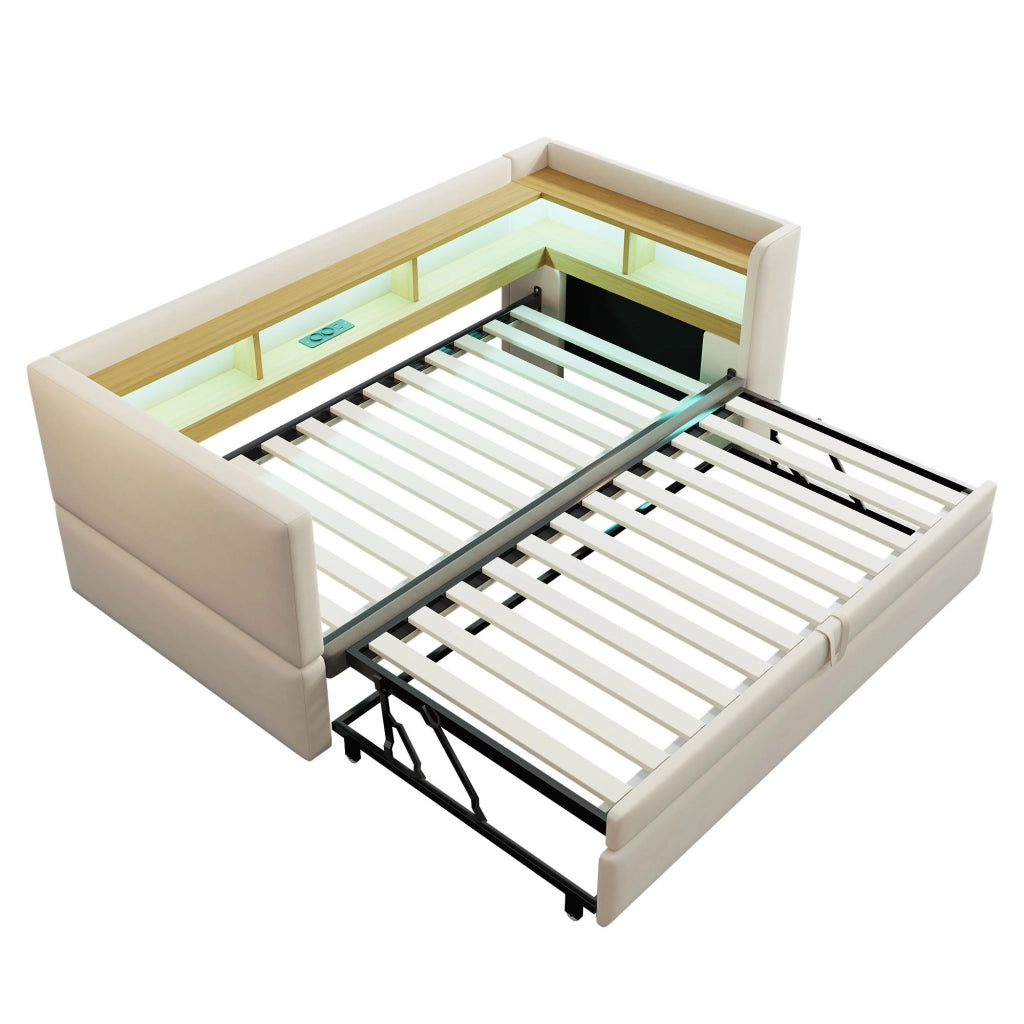 Divano letto imbottito multifunzione con vani contenitore, LED, prese e struttura in metallo, beige, 90/180 x 190 cm