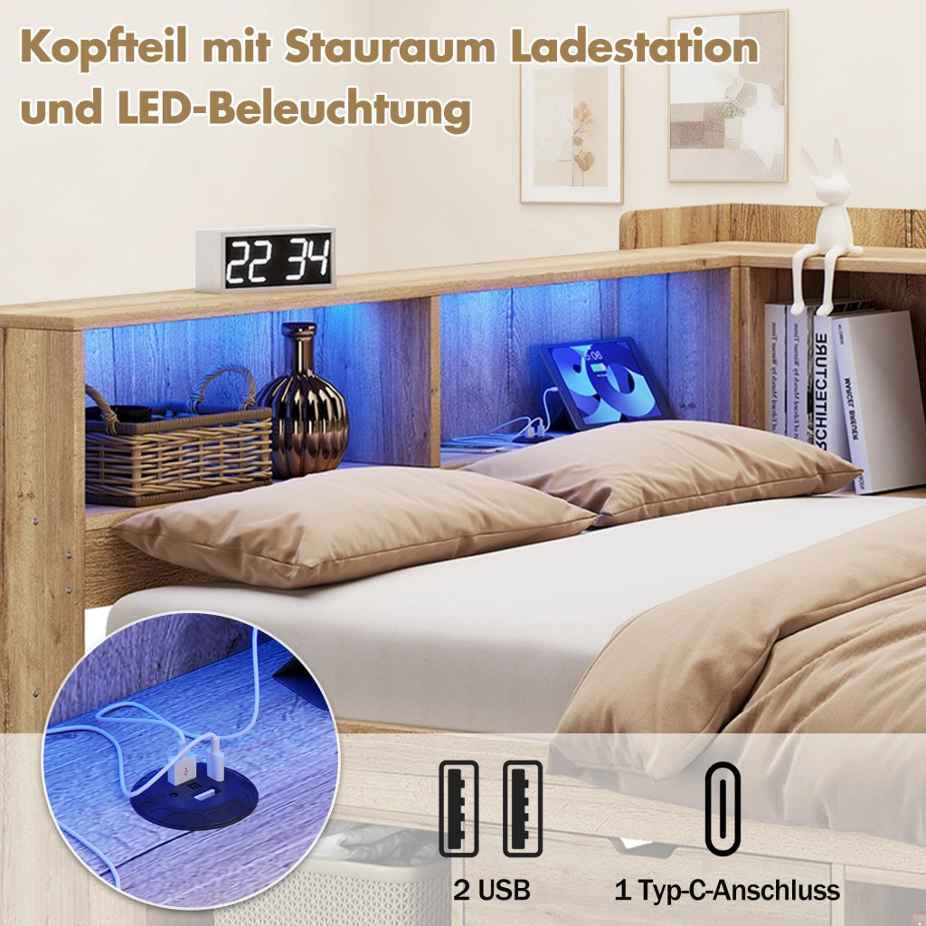 Letto Singolo con Scrivania e LED ¨C MINIMAL ¨C Legno, Contenitore, Cassetti, 90x200