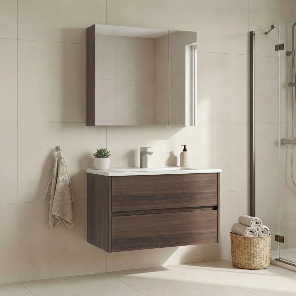 Set mobile lavabo con specchio (2 pezzi) "Side 85 v2" - 85 x 45 x 52 cm - Noce