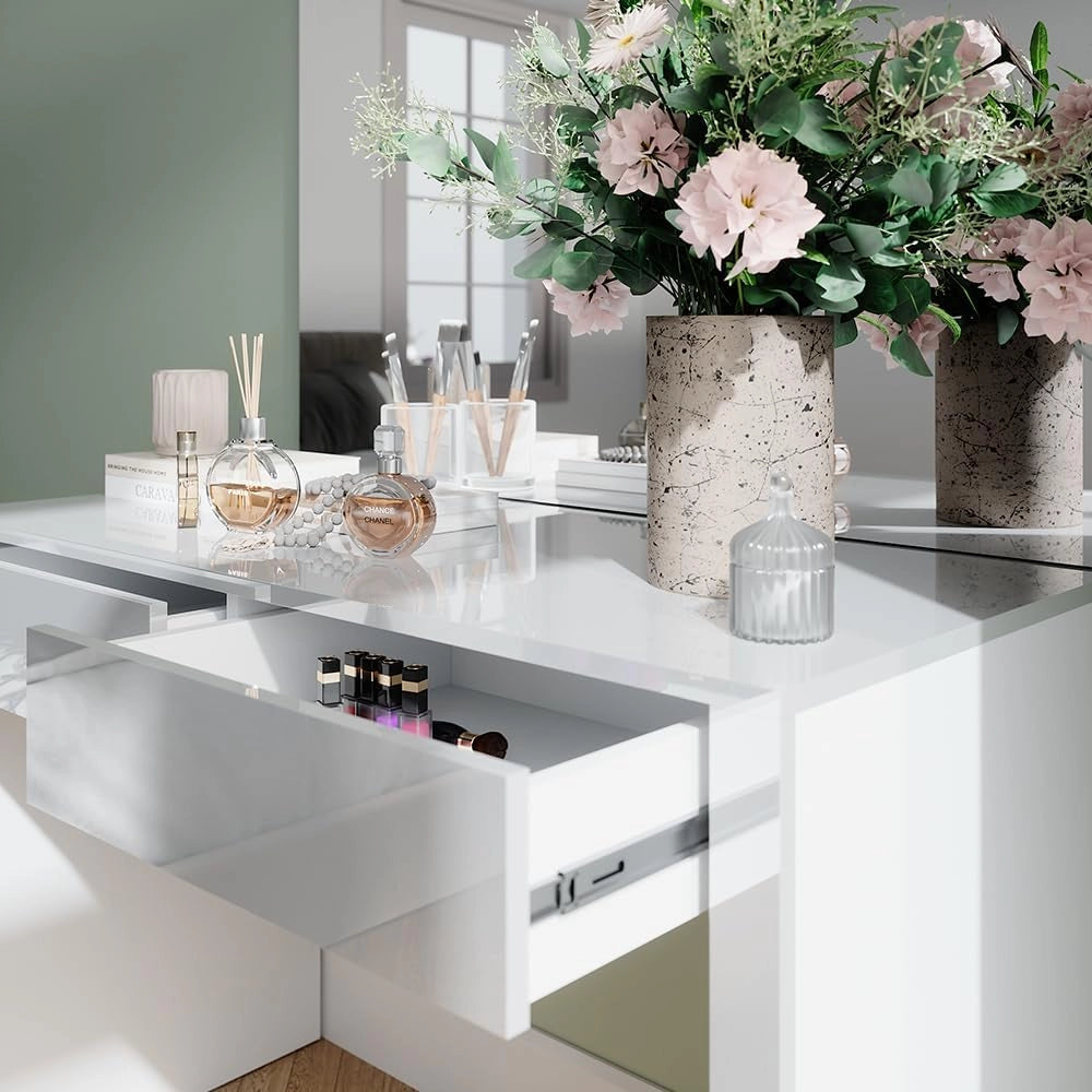 Vicco Tavolo da toilette Annabelle, Bianco lucido/bianco, 110 cm con specchio