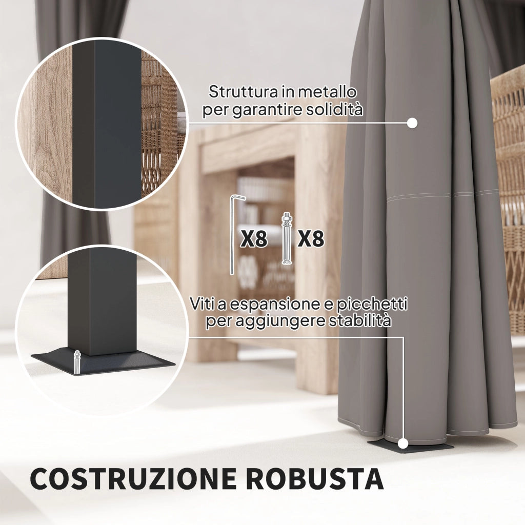 Pergola da Giardino con Tetto Retrattile e Tende, in Metallo e Poliestere, 300x300x227 cm, Grigio Chiaro