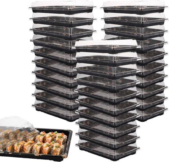 30 pezzi di piatti da servire con coperchio - 24,6 x 15,5 x 5 cm - Box di preparazione per pasti in PET - Scatole per preparazione reutilizzabili per panini, sushi, frutta e piatti - Sostenibile