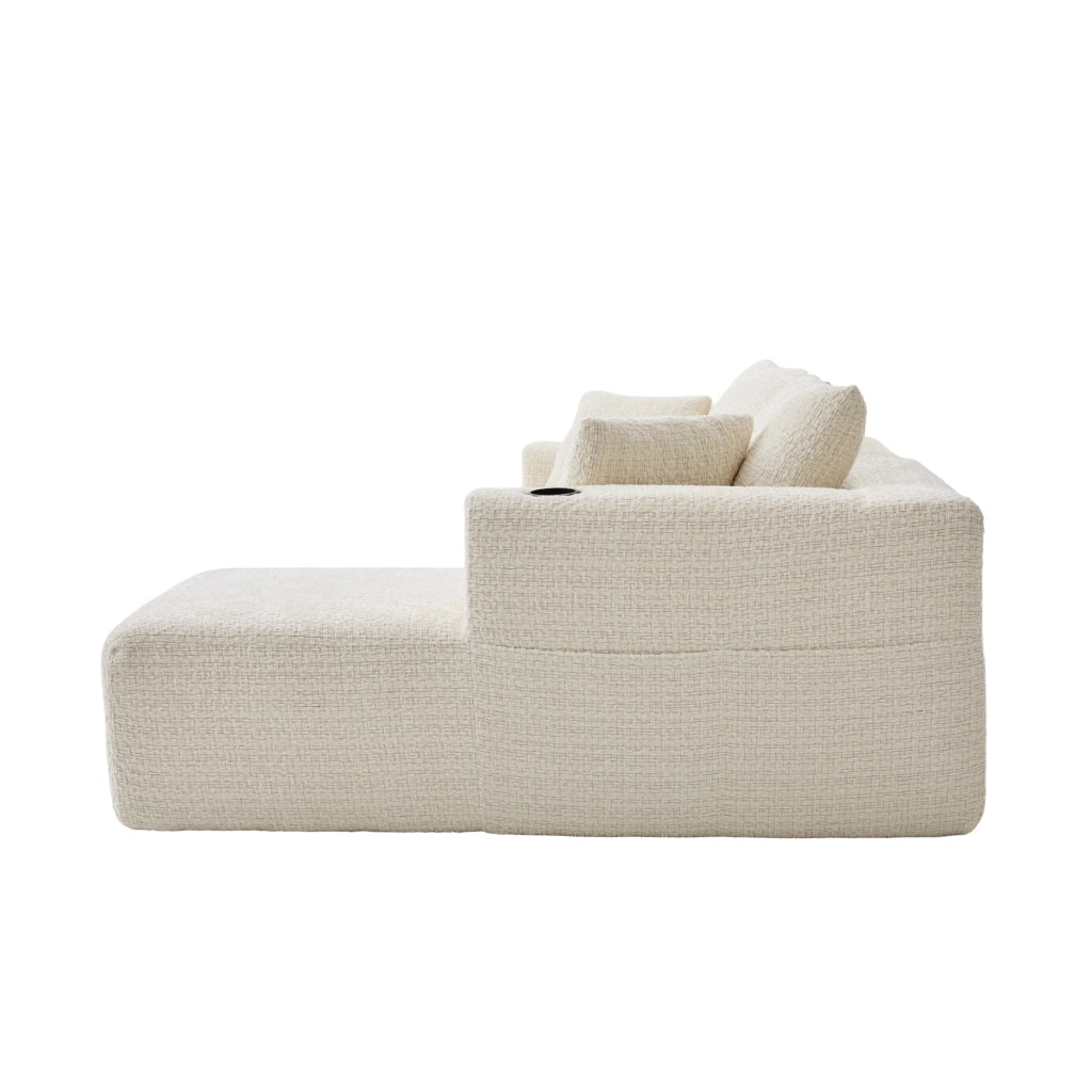 Divano angolare modulare in ciniglia con tasche laterali e seduta ampia, senza montaggio, beige 261 × 165 × 80 cm