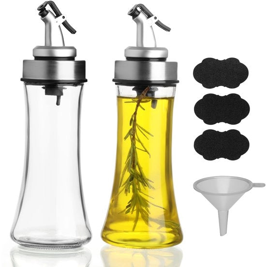 Dispensatore di olio d'oliva - Set di due flessi in vetro per olio e aceto - 200 ml - Fiala di olio riciclabile - Ideale per cucina e insalate