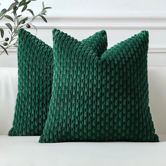 Set di 2 Copricuscini Corduroy, Copricuscini Decorativi, Copricuscino morbido, Siercuscino, Cuscino per divano, Decorazione boho, Copricuscino per divano, Camera da letto, Salotto (Verde scuro, 45 x 45 cm)