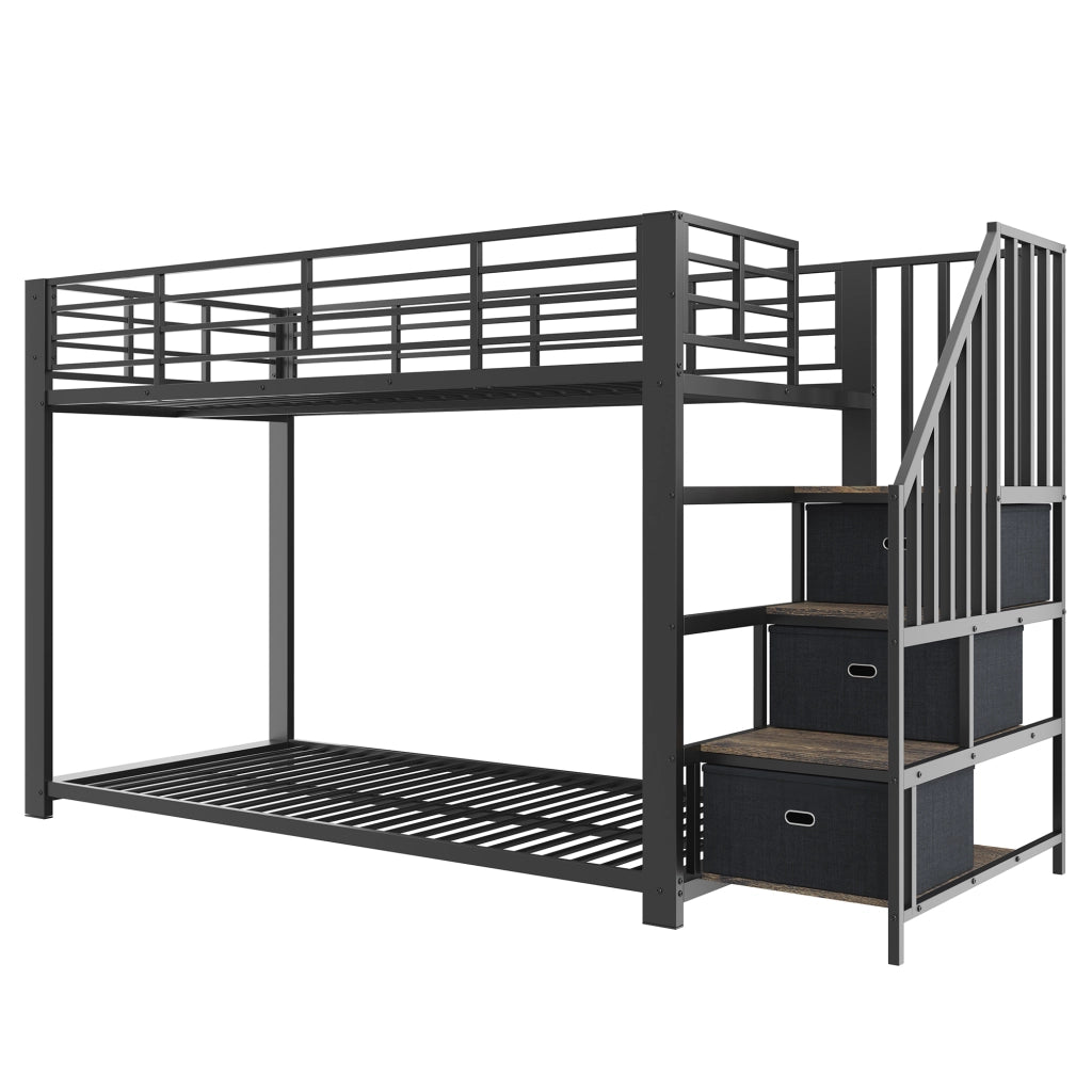 Letto a castello 90x200 cm con scala contenitore; LED e prese in MDF e metallo nero