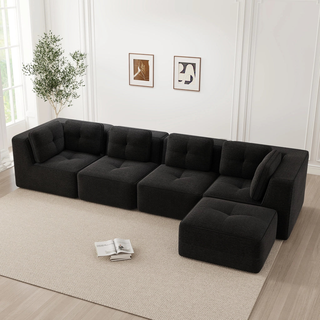 Divano angolare modulare senza struttura; seduta profonda; tessuto cord; nero; 74 cm