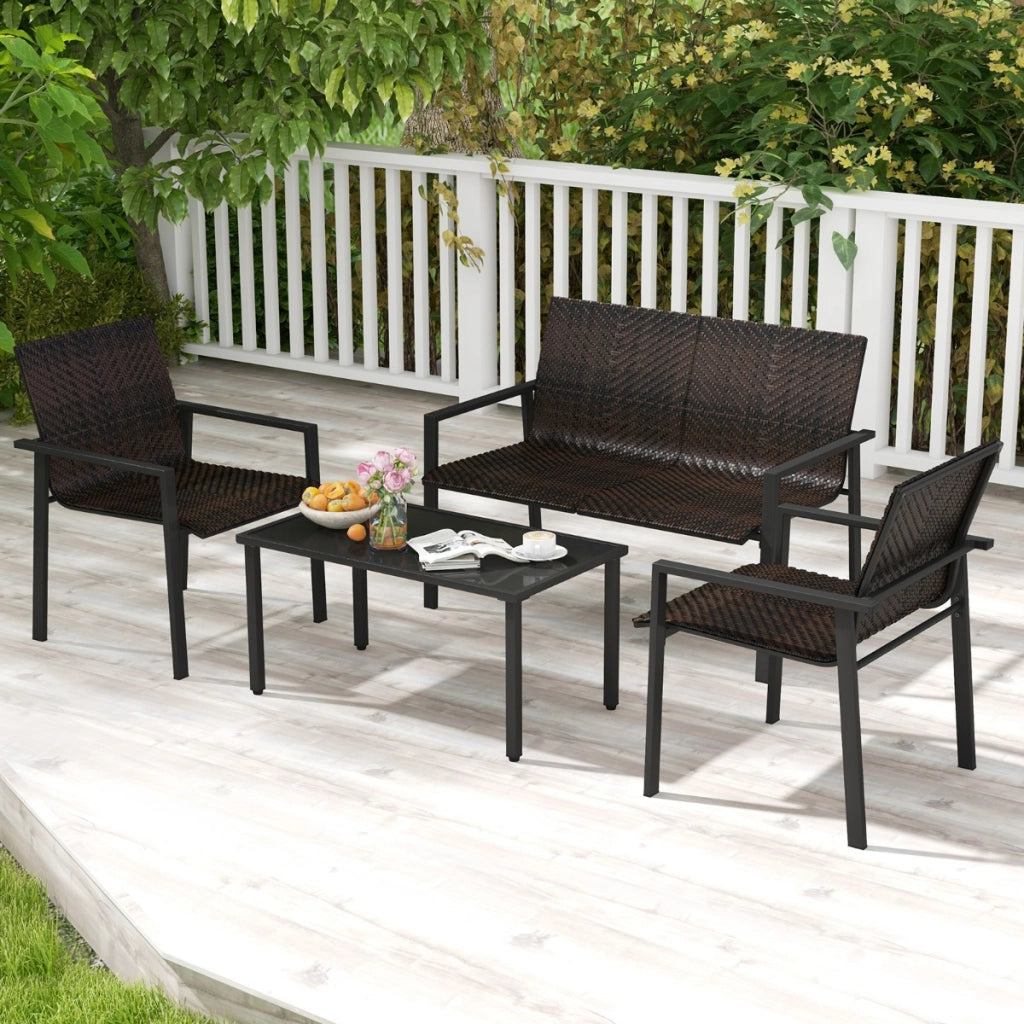 Set di mobili da giardino 4 pezzi, Set di tavolo e sedie in intrecciato di vimini su telaio metallico galvanizzato Marrone-Set mobili da esterno
