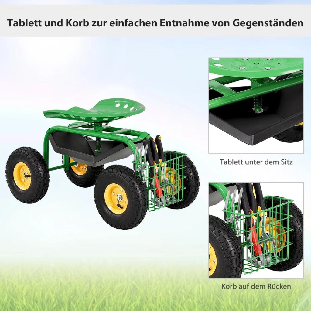 Sedia a rotelle per giardinaggio, girevole a 360° e regolabile in altezza da 46-53 cm, con cestino e ripiano, portata 150 kg, per giardinaggio e cura dell'auto, verde