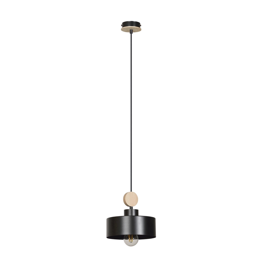 Sospensione 1 Luce Zhurong In Acciaio Nero E Legno Naturale