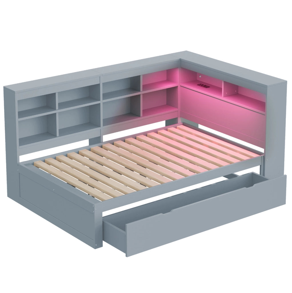 Letto matrimoniale multifunzione 140x200 cm in legno con contenitori, USB e LED, grigio