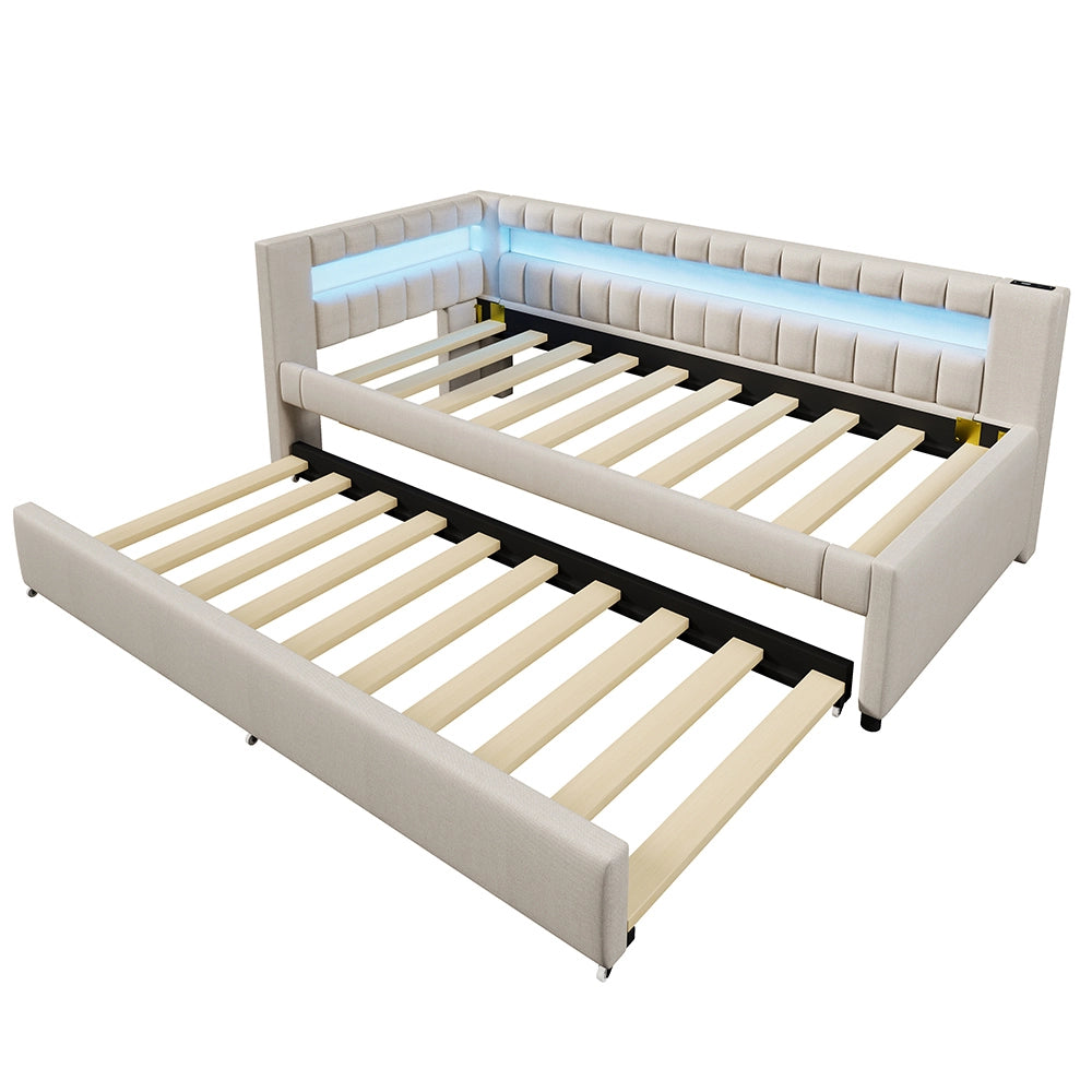 Letto giorno 90x200cm - Xylo - beige, LED telecomando, USB-C, estraibile