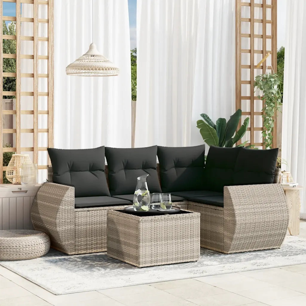 Set Divano da Giardino 5pz con Cuscini Grigio Chiaro Polyrattan
