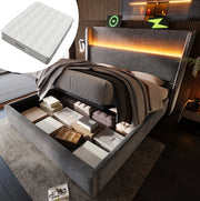 Letto matrimoniale con contenitore 140x200 cm in lino grigio con LED; USB; Type-C e materasso