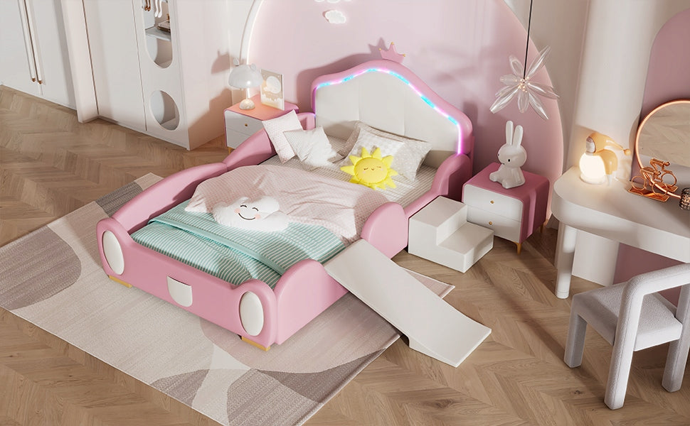 Letto a castello con scivolo LED - Xylo - 90x200cm - Rosa+Beige