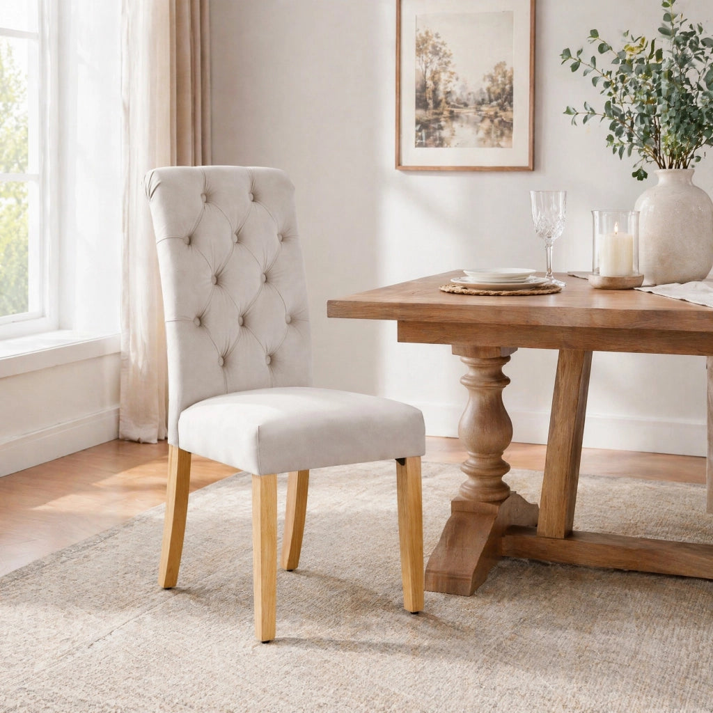 Set di 2 sedie da pranzo in velluto beige con gambe in legno massiccio e design imbottito