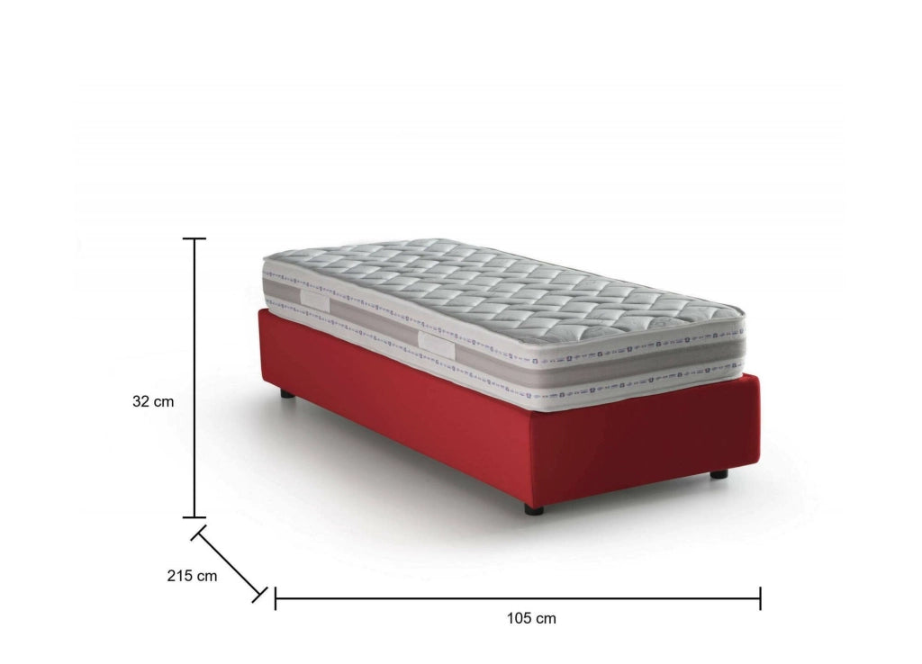 Letto singolo Aribal, Letto contenitore con rivestimento in tessuto, Made in Italy, Apertura frontale, con materasso cm 90x200 incluso, Rosso