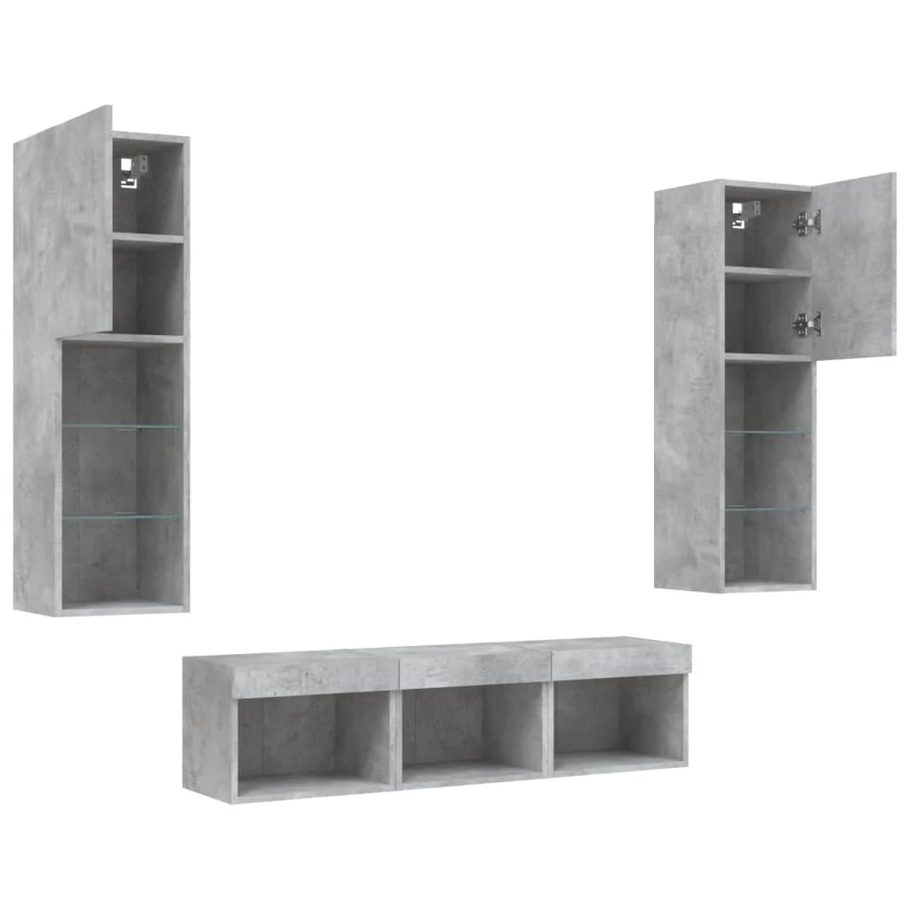 Mobile TV multimediale scaffale TV credenza mobile TV sala da pranzo soggiorno camera da letto con illuminazione a LED 5 pezzi legno ingegnerizzato grigio 02_0029386